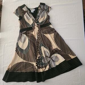 Maggy London Beige Black Cream Patterned Asymmetrical Dress